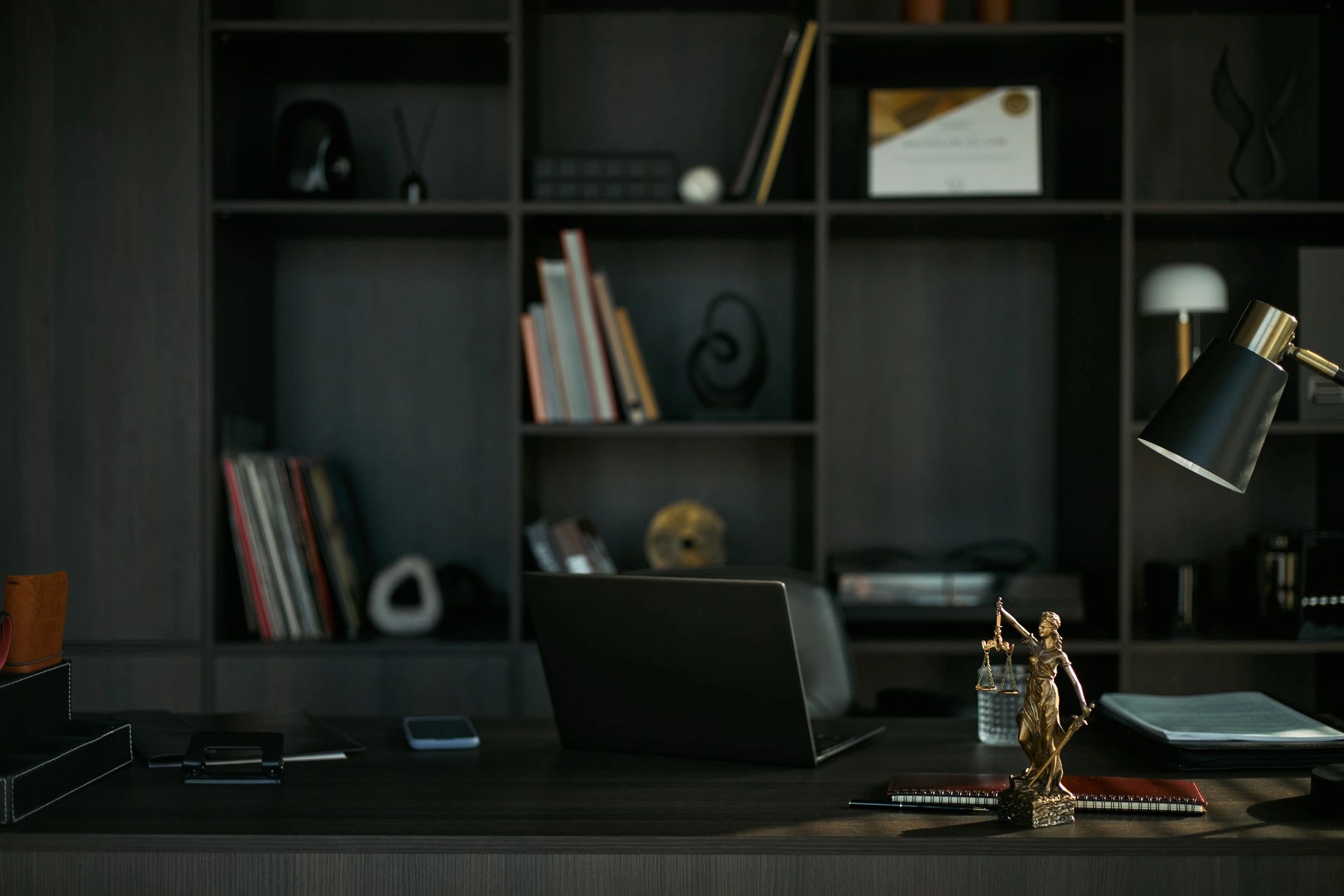 Law office workspace with legal files and professional desk setup